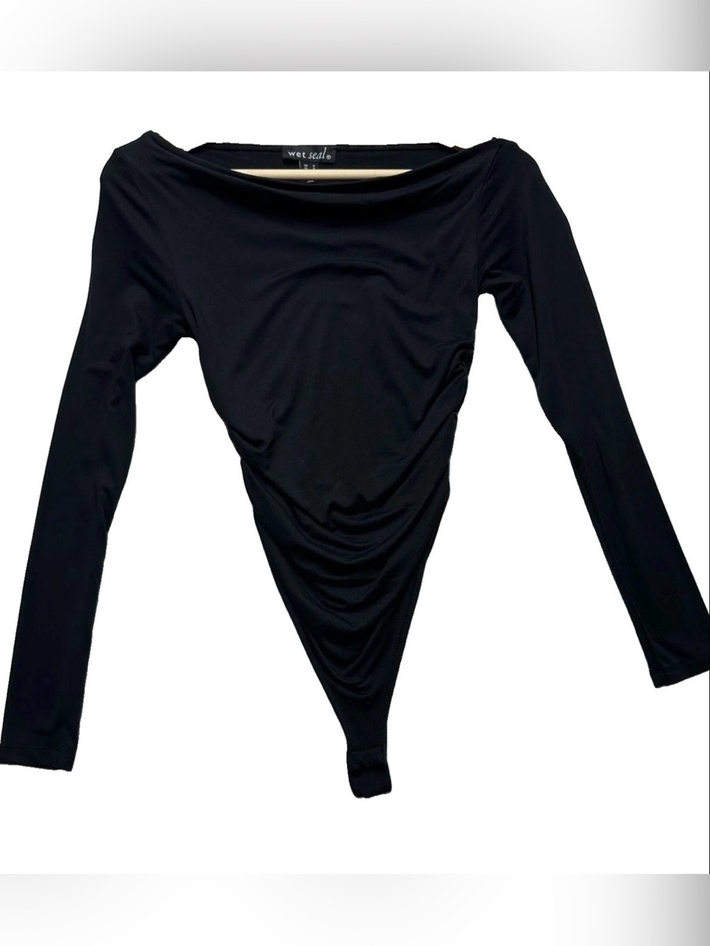 Wet Seal Black Ruched Draped Off Shoulder Bodysuit M Y2K Going Out